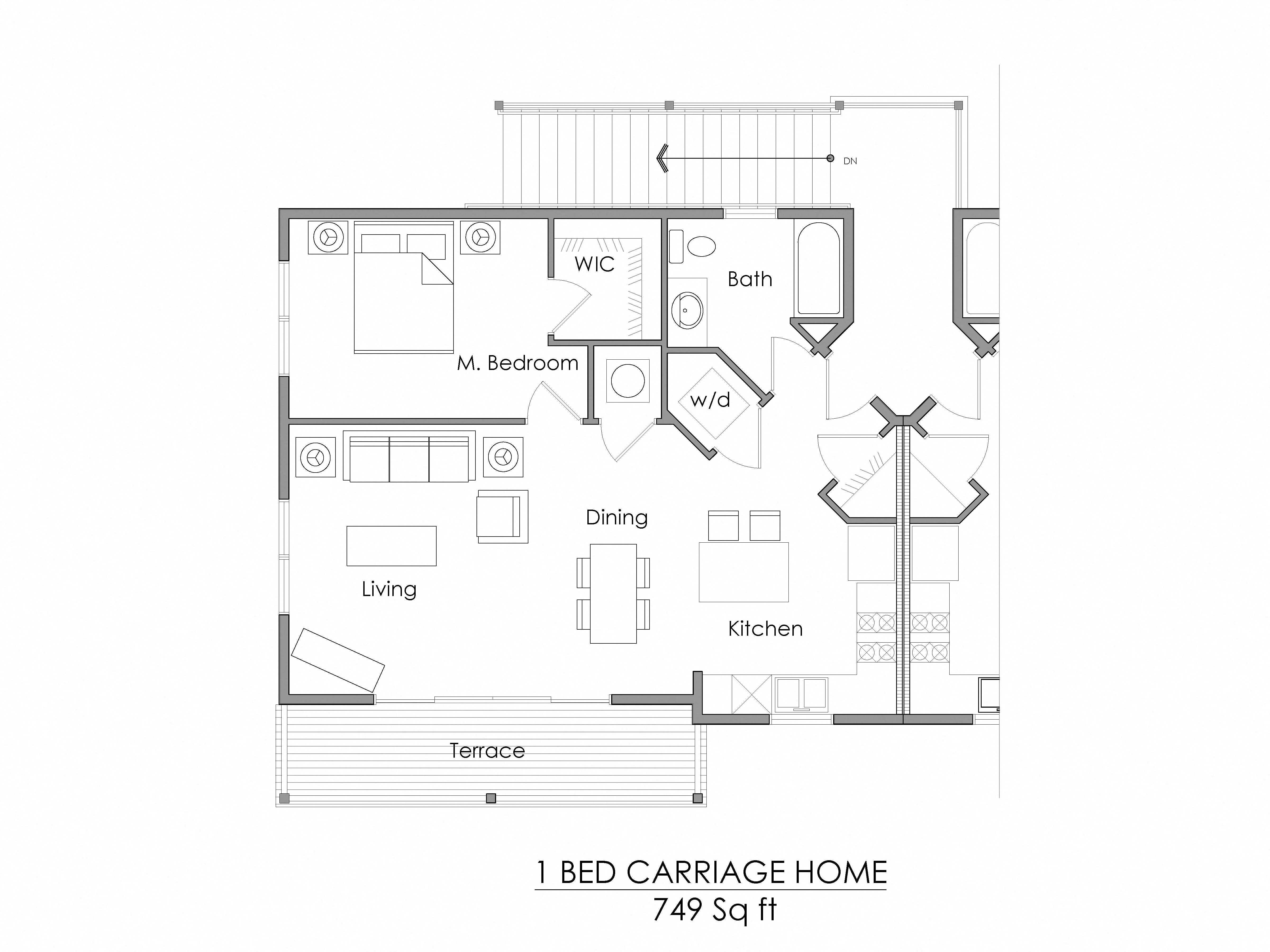 Floor plan for 1 bed, 1 bath, 749 sqft